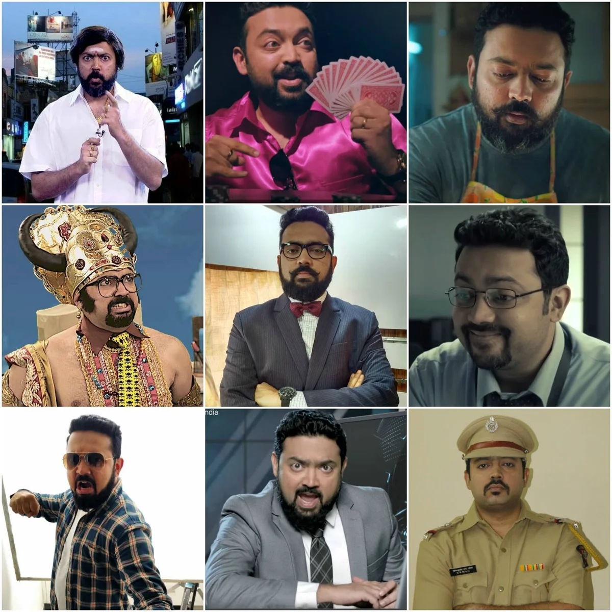 Nine appearances by Abhinandan, from office worker and news anchor to mythological character and police officer.